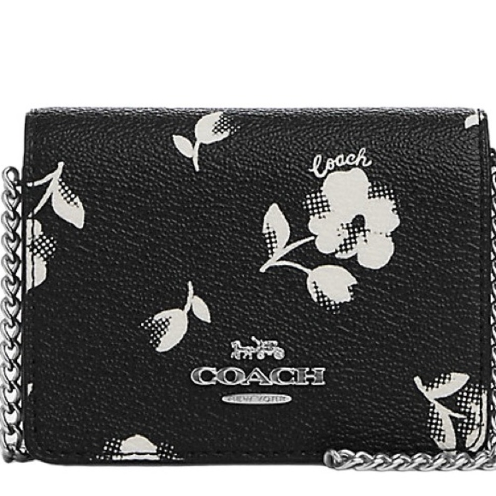 NWT Coach Mini Wallet on a Chain with floral Print Silver Black Multi - Picture 4 of 4